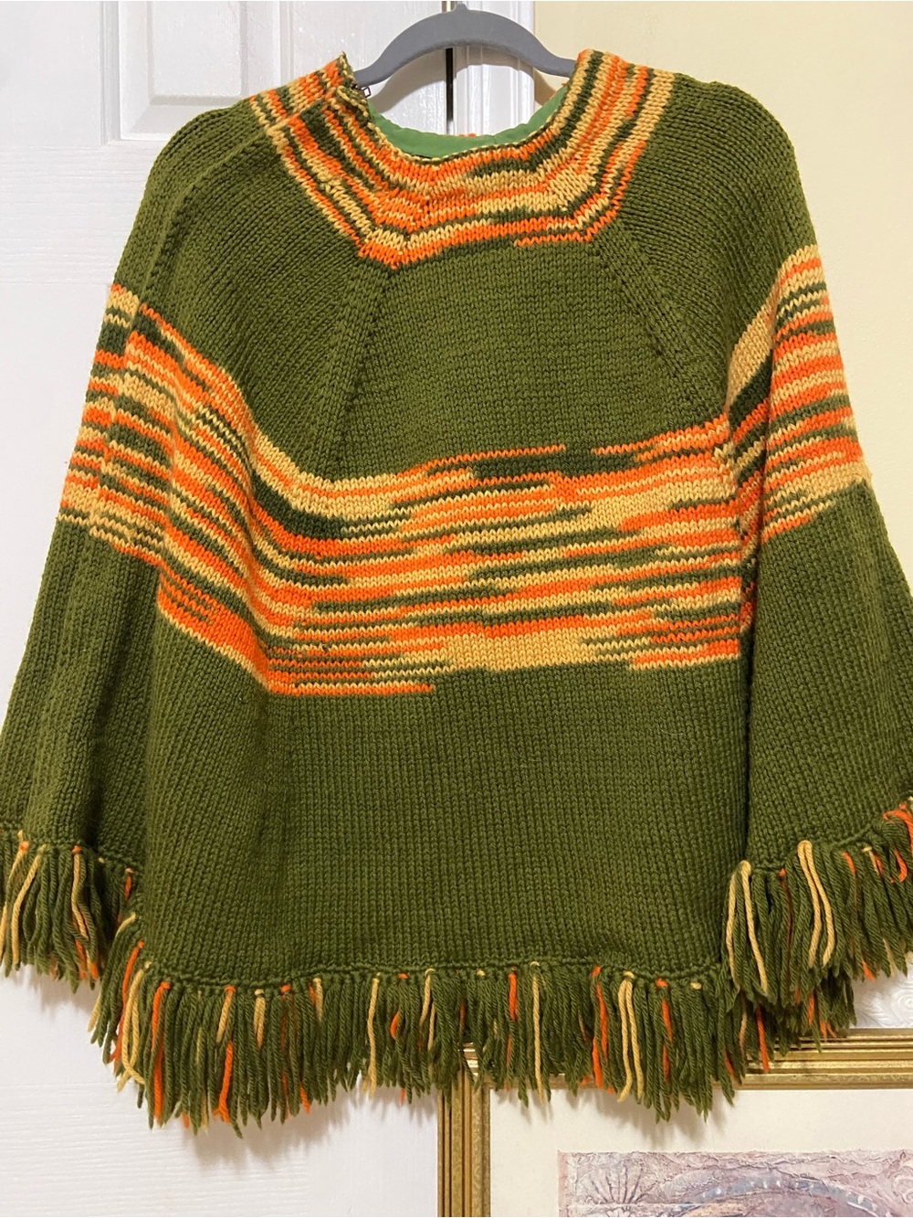 Vintage 1970’s Knit Poncho Green/Orange/Yellow Soft Cotton Wool Blend One Size